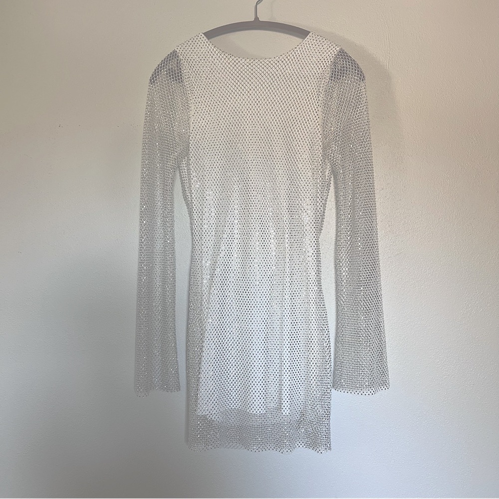 12th Tribe White/Silver Rhinestone Long Sleeve Open Back Mini Dress